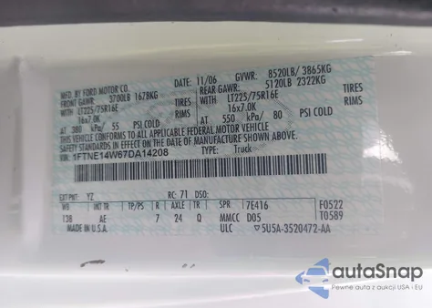 2007 Ford E-150 Commercial/Recreational z USA, uszkodzony, nr VIN 1FTNE14W67DA14208